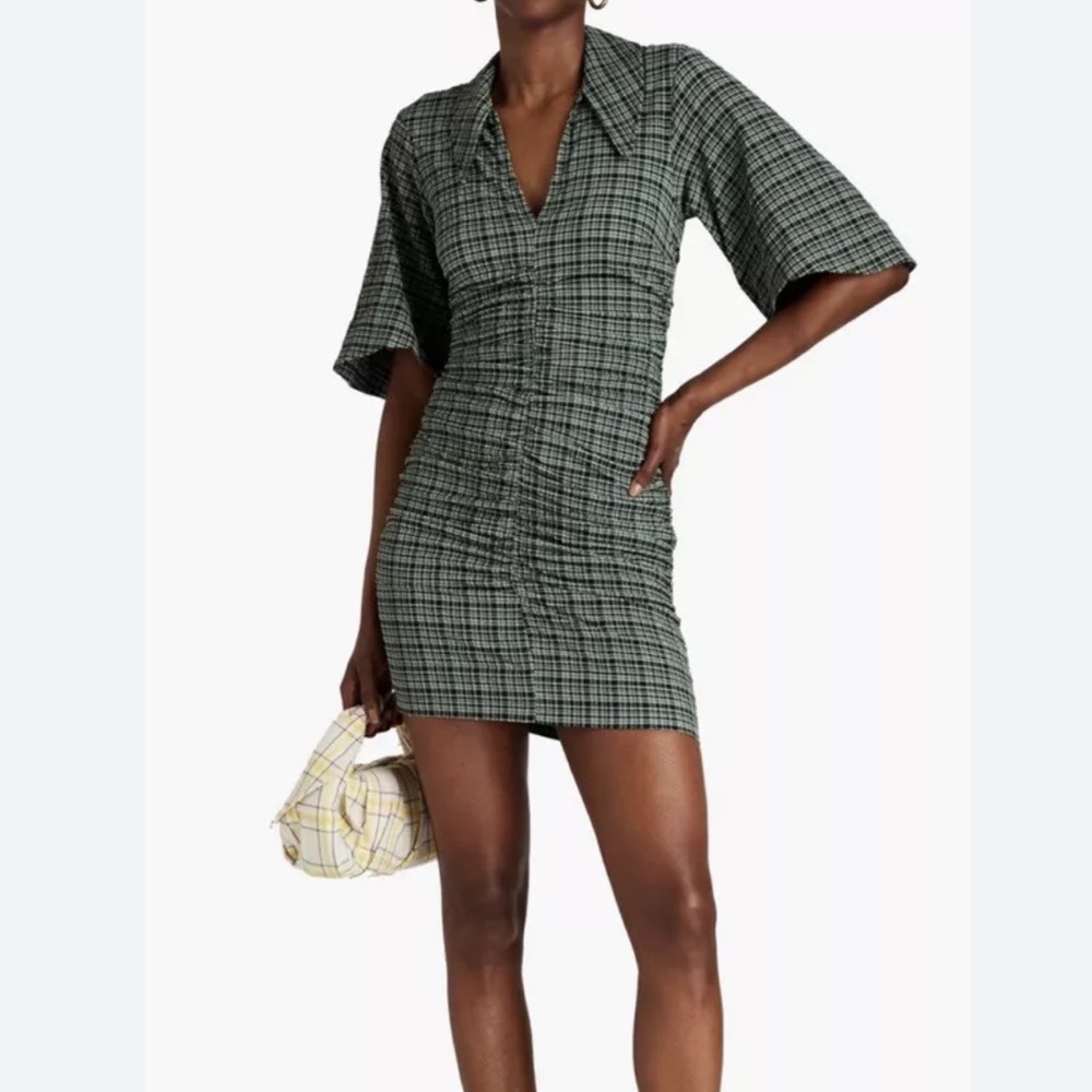 Ganni • Ruched V-neck Seersucker Dress